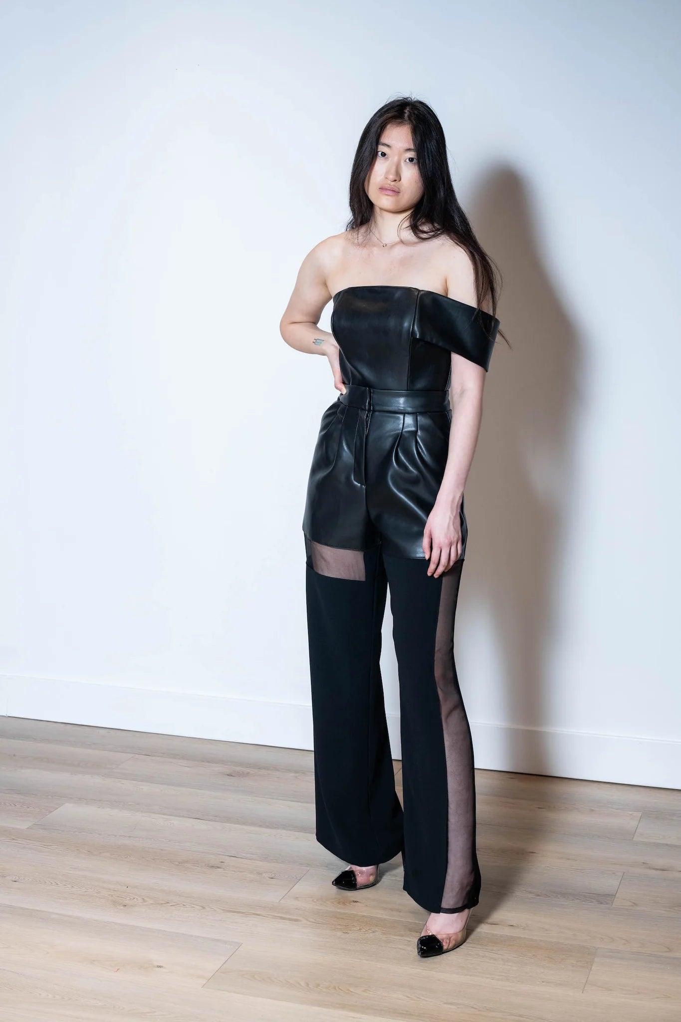 HAZEY Pants - Faux Leather | Wide Leg Pants with Asymmetric Sheer Panels