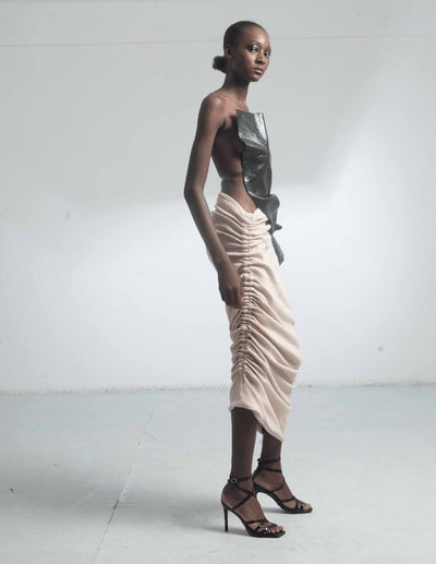 Ruched Cashmere Skirt Paired with Army Green Leather Corset Top